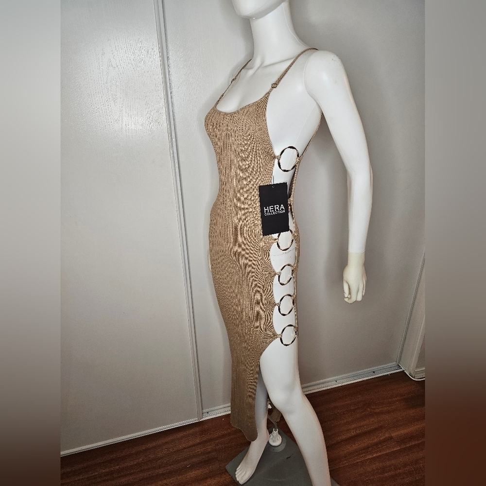 Hera Collection Taupe Dress Ribbed With Side Opening Size S Sexy Clubwear NEW - Picture 1 of 16